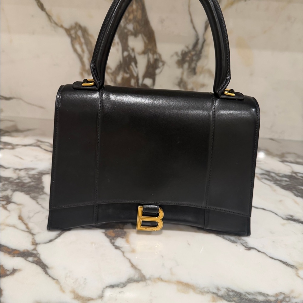 Balenciaga Hourglass Small Black Shiny Box Calfskin Gold Hardware Bag